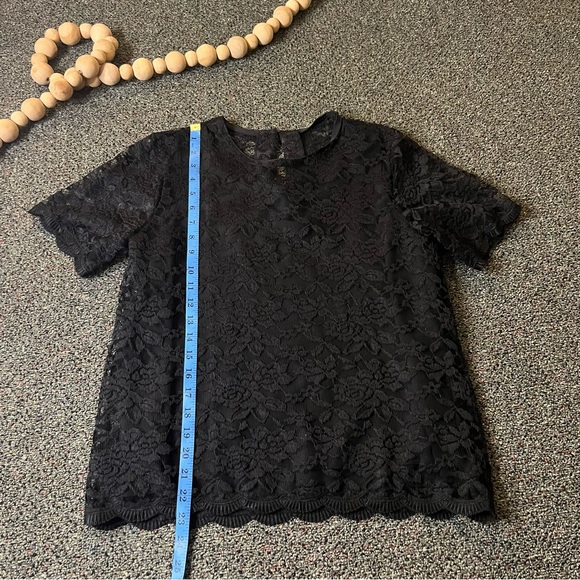Black Lace Lined Short-Sleeve Blouse Round-Neck Modest Shirt Formal Top Sz S-M - Picture 15 of 16